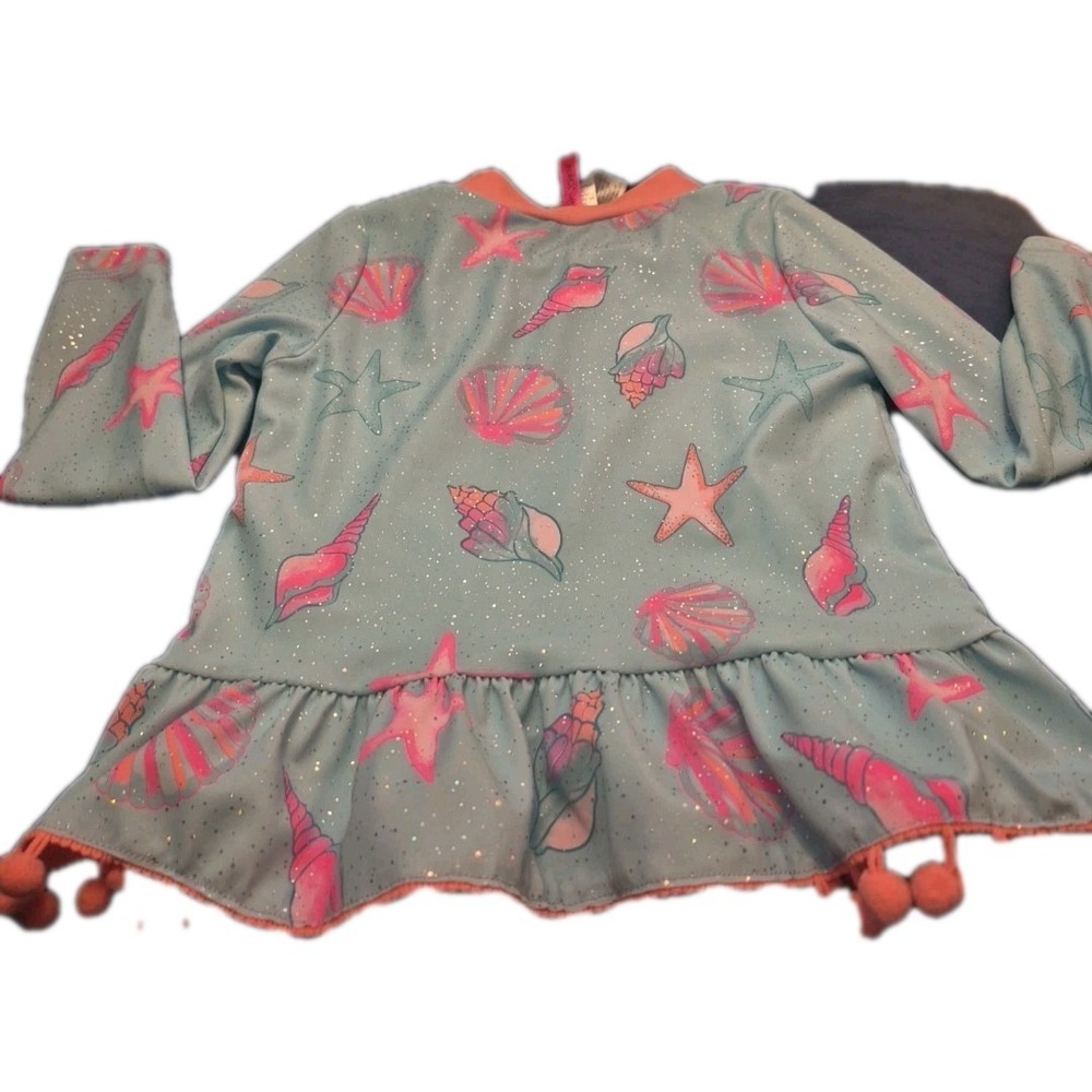Betsey Johnson Girl's 3T L/S 2 Pc Rash Guard Tankini Swimsuit Blue Sea Shell - Picture 4 of 9